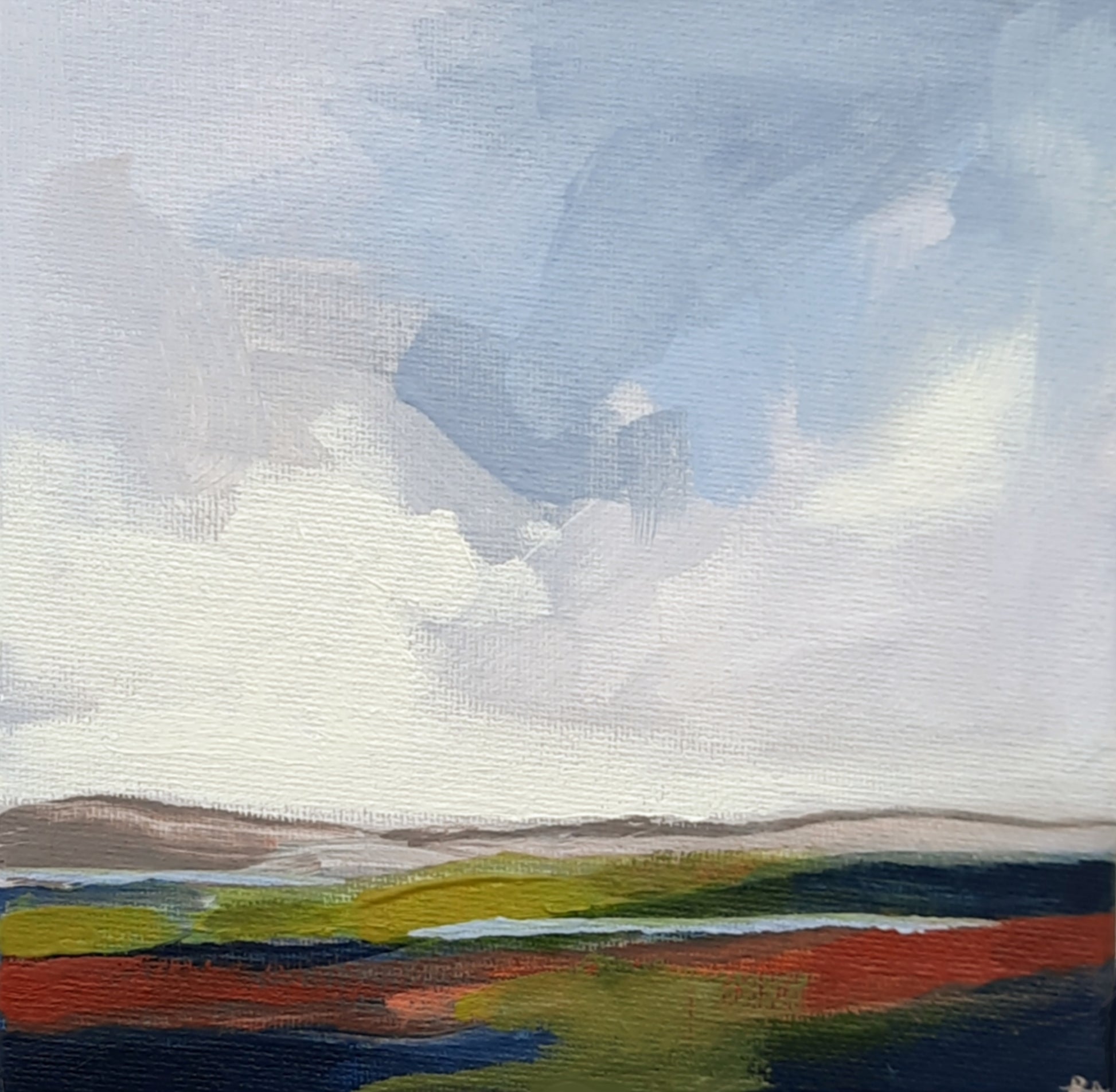 An original oil/acrylic on canvas painting depicting a landscape with misty grey skies and colorful fields in the distance.