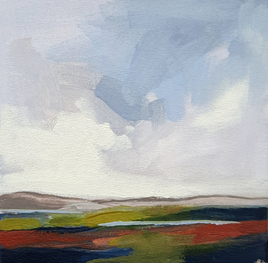 An original oil/acrylic on canvas painting depicting a landscape with misty grey skies and colorful fields in the distance.