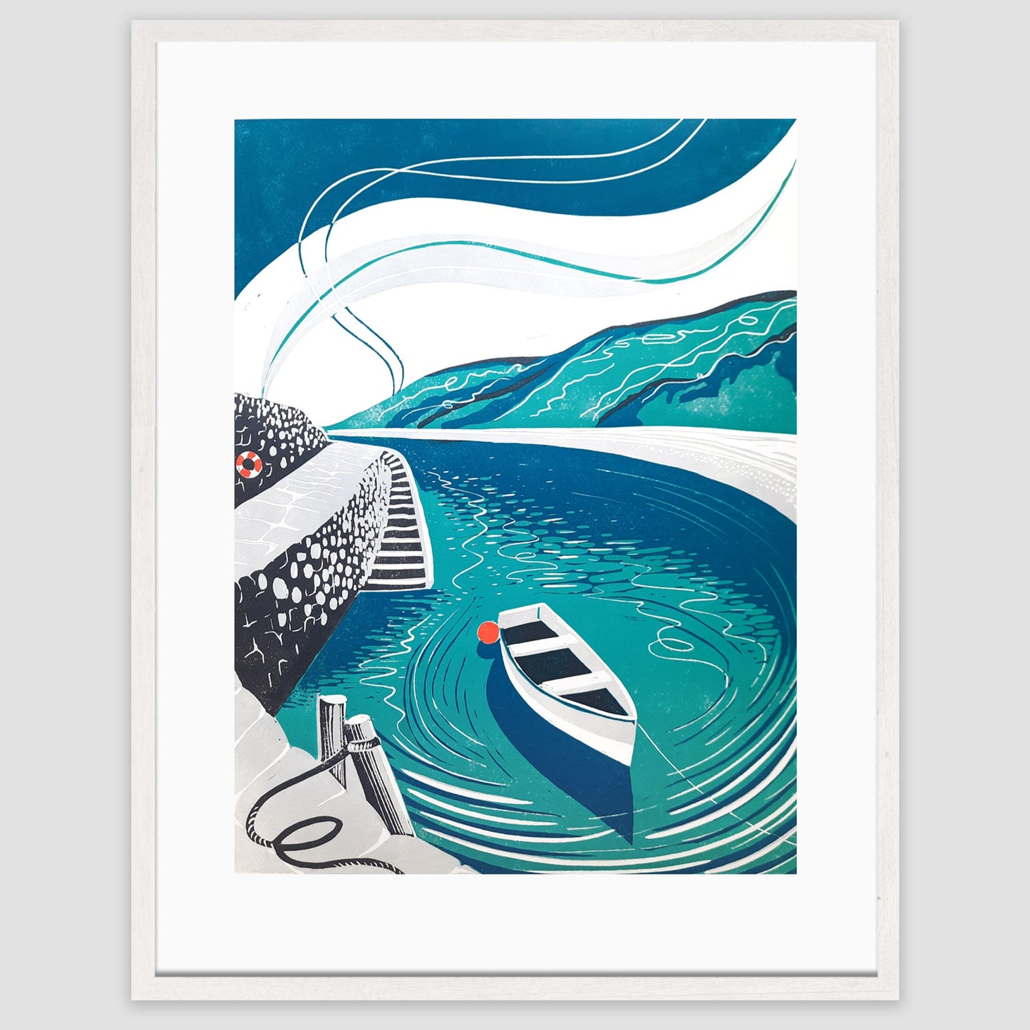 Lino print of a boat in a harbour in a bold shade of blue.