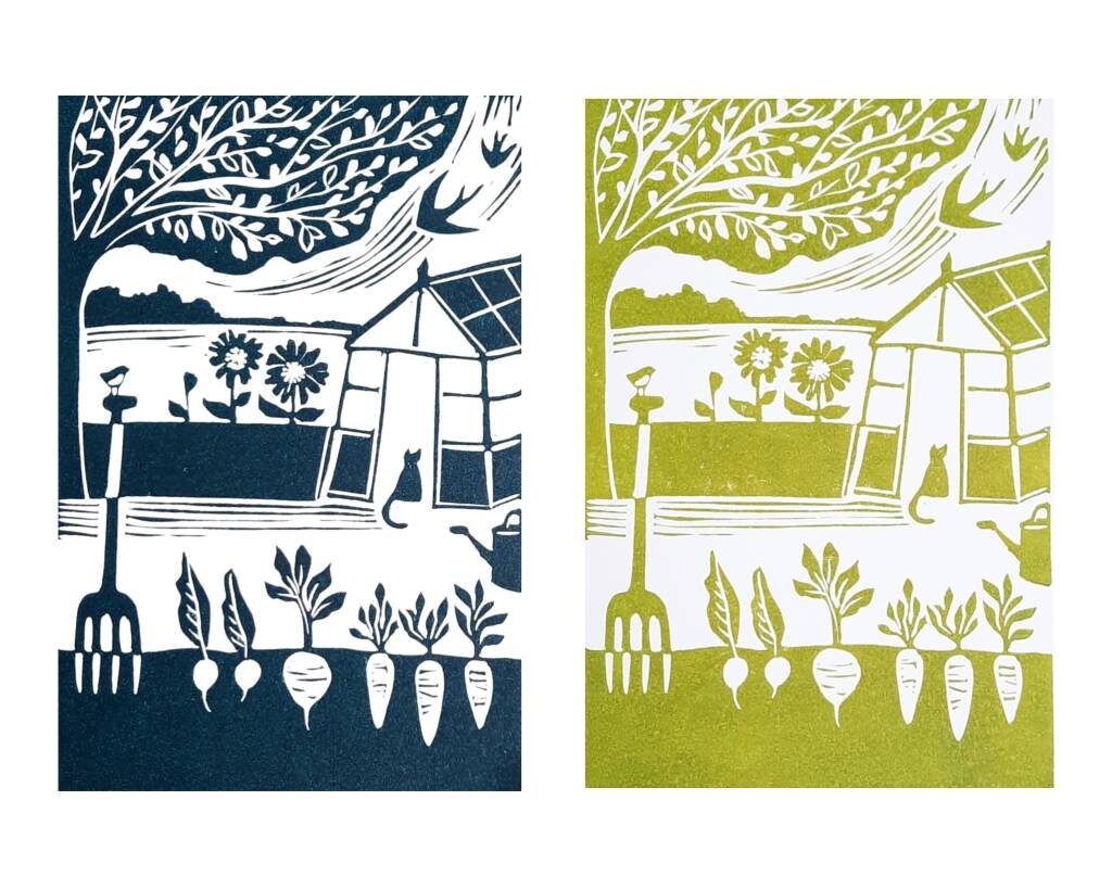 Two lino print illustrations of garden scenes, one in blue and white, and one in green featuring green vegetables and a greenhouse.