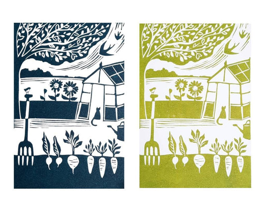 Two lino print illustrations of garden scenes, one in blue and white, and one in green featuring green vegetables and a greenhouse.