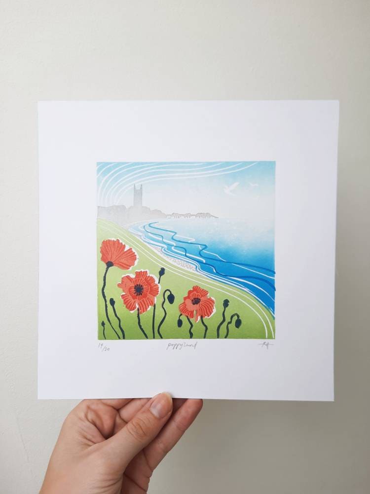 Poppyland - Original Lino Print | Cromer, Norfolk | Landscape Art | Unframed