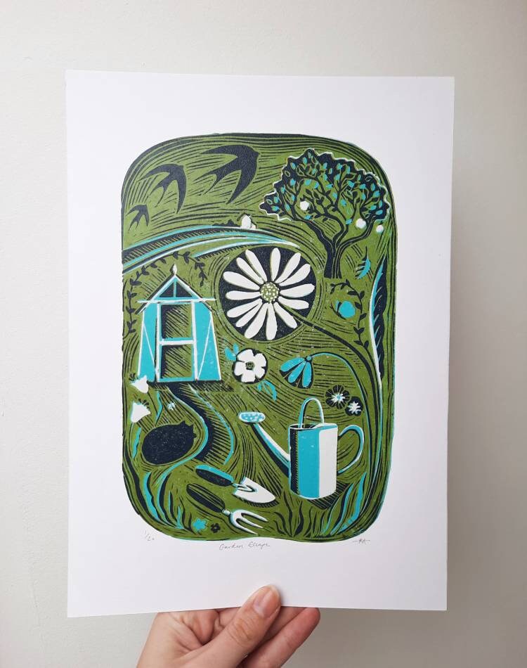 Garden Escape - Original Lino Print | Unframed | Gardening Artwork | Wall Art | Nature