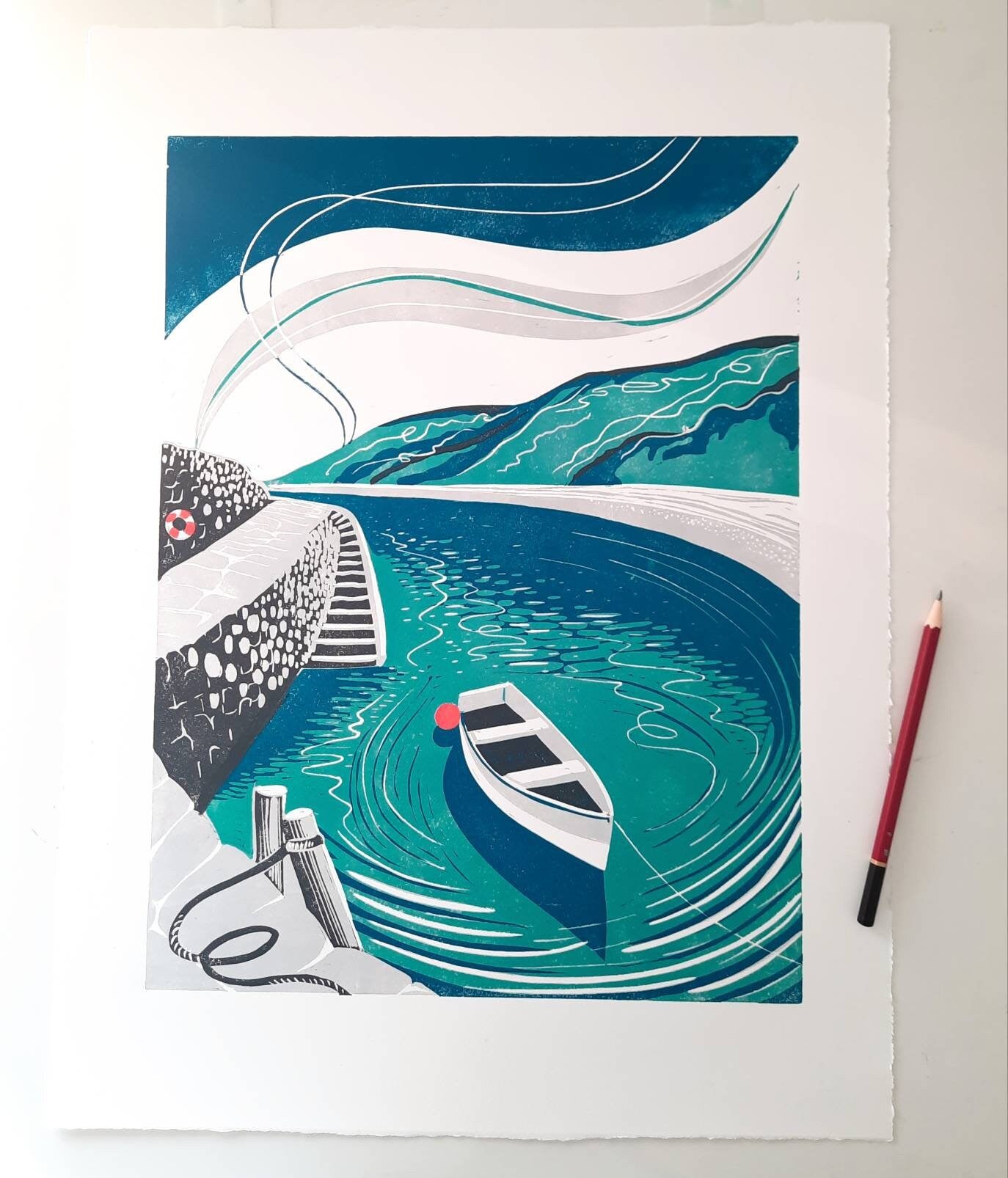 Safe Haven - Original Lino Print | Limited Edition | Clovelly Harbour | Devon Coast | Unframed