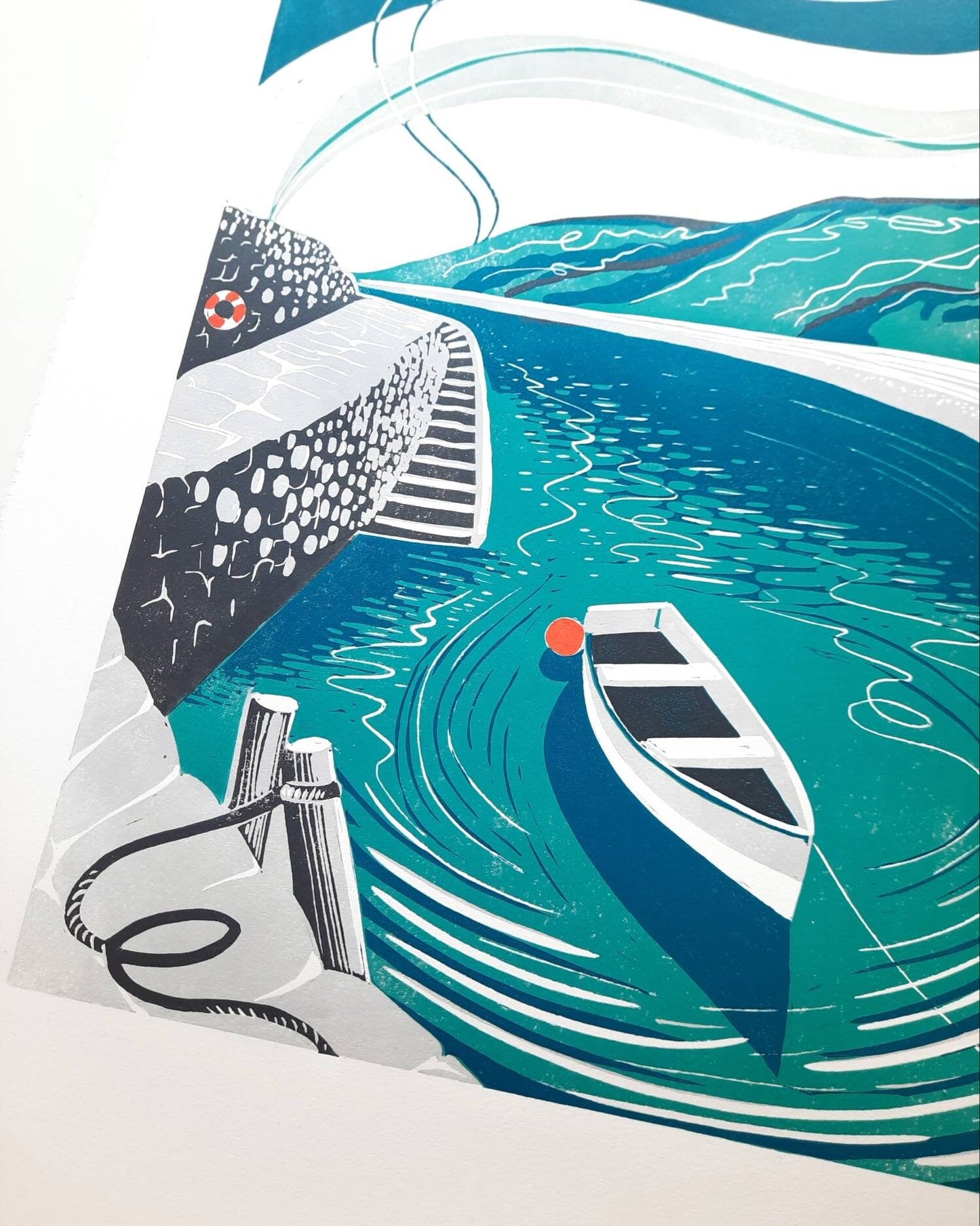 Safe Haven - Original Lino Print | Limited Edition | Clovelly Harbour | Devon Coast | Unframed