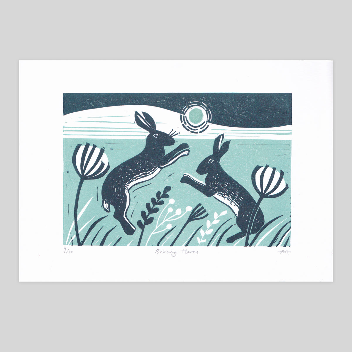 SECONDS - Boxing Hares Lino Print
