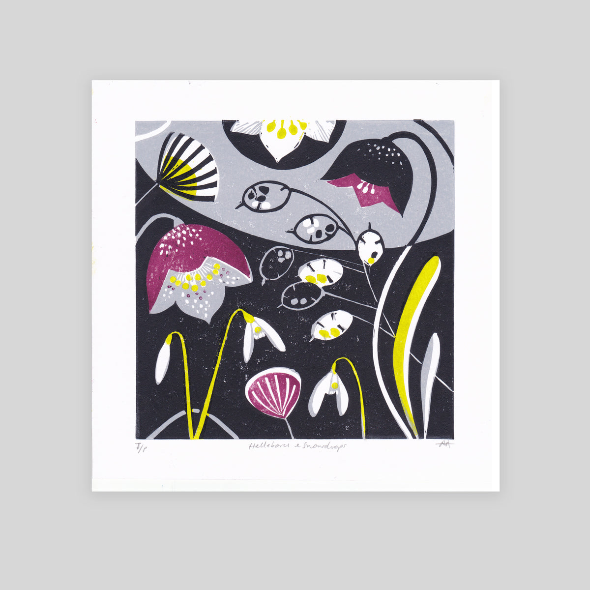 SECONDS - Hellebores & Snowdrops Lino Print