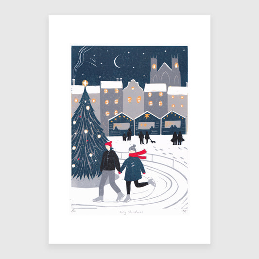 City Christmas - Original Lino Print | Christmas Scene | Gift Idea