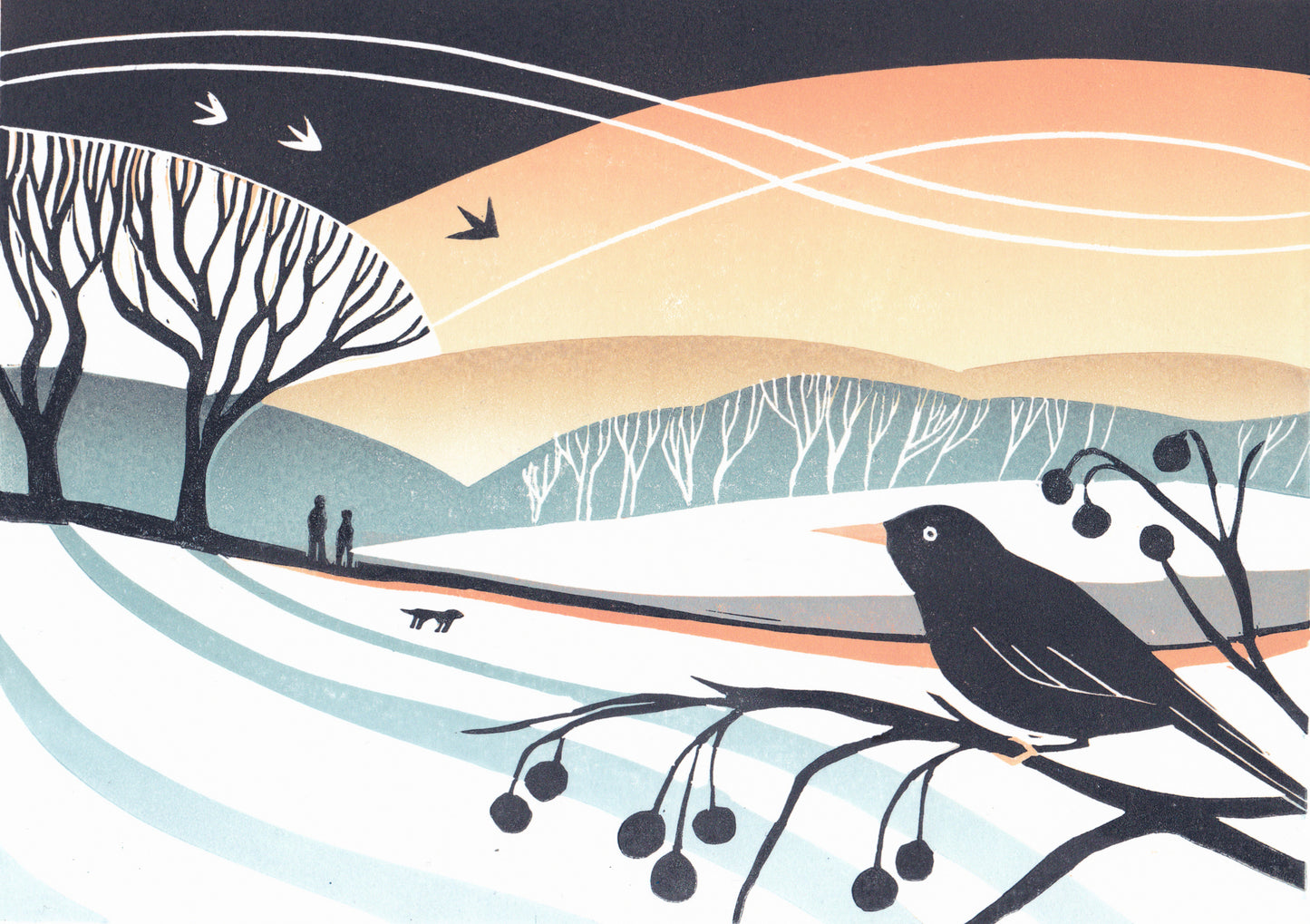 Midwinter's Eve - Original Lino Print | Limited Edition | Winter Landscape | Blackbird