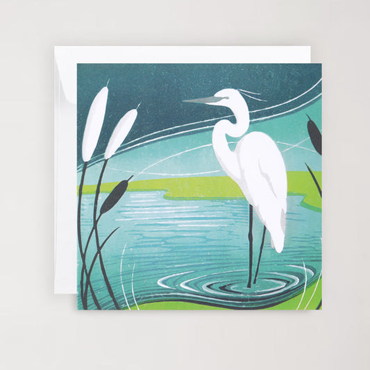 Egret in the Reeds - Greetings Card | Lino Print reproduction | Wildlife | Notecard