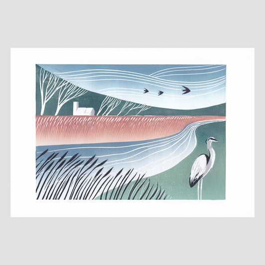 A Quiet Walk - Original Lino Print | Limited Edition | Landscape Linocut | Heron