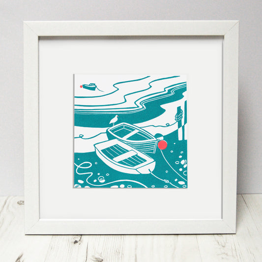 Incoming Tide - Original Landscape Lino Print | Gift Idea | Harbour Boats | Coastal Art