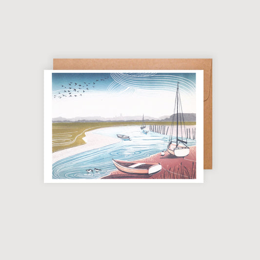 Morston Quay Greetings Card | Blank Card | Norfolk Coast Lino Print | Notecard