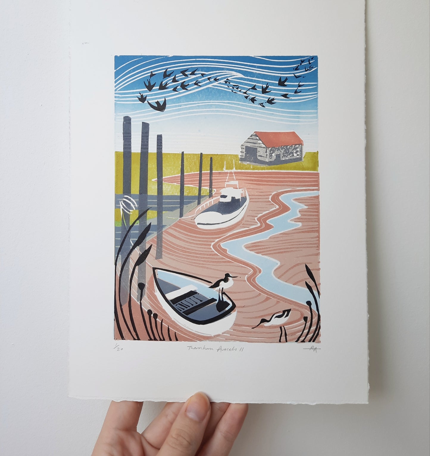 Thornham Avocets II - Original Lino Print | Limited Edition | Norfolk Landscape