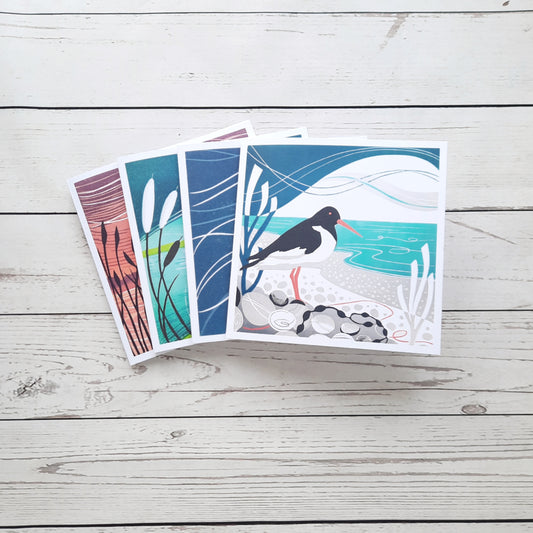 Coastal Birds Greeting cards | Pack of 4 Cards | Heron | Egret | Puffin | Oystercatcher