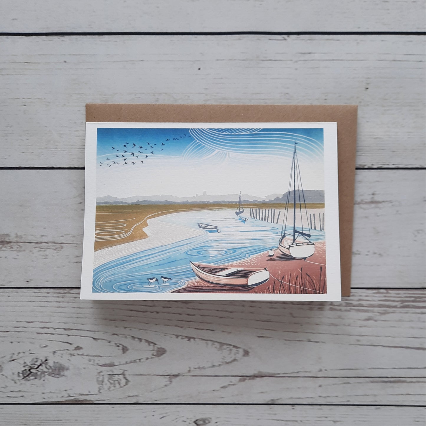 Morston Quay Greetings Card | Blank Card | Norfolk Coast Lino Print | Notecard