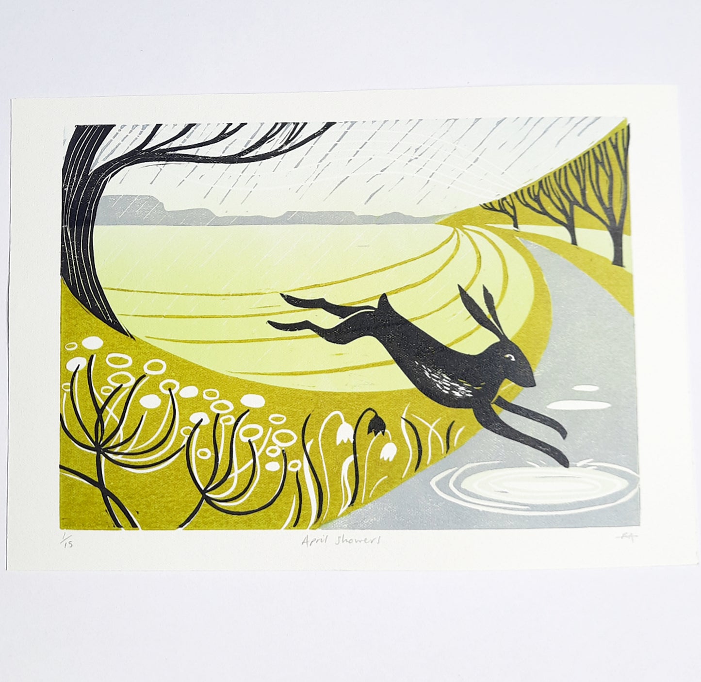 April Showers - Original Lino Print | Limited Edition | Landscape Linocut | Spring Hare