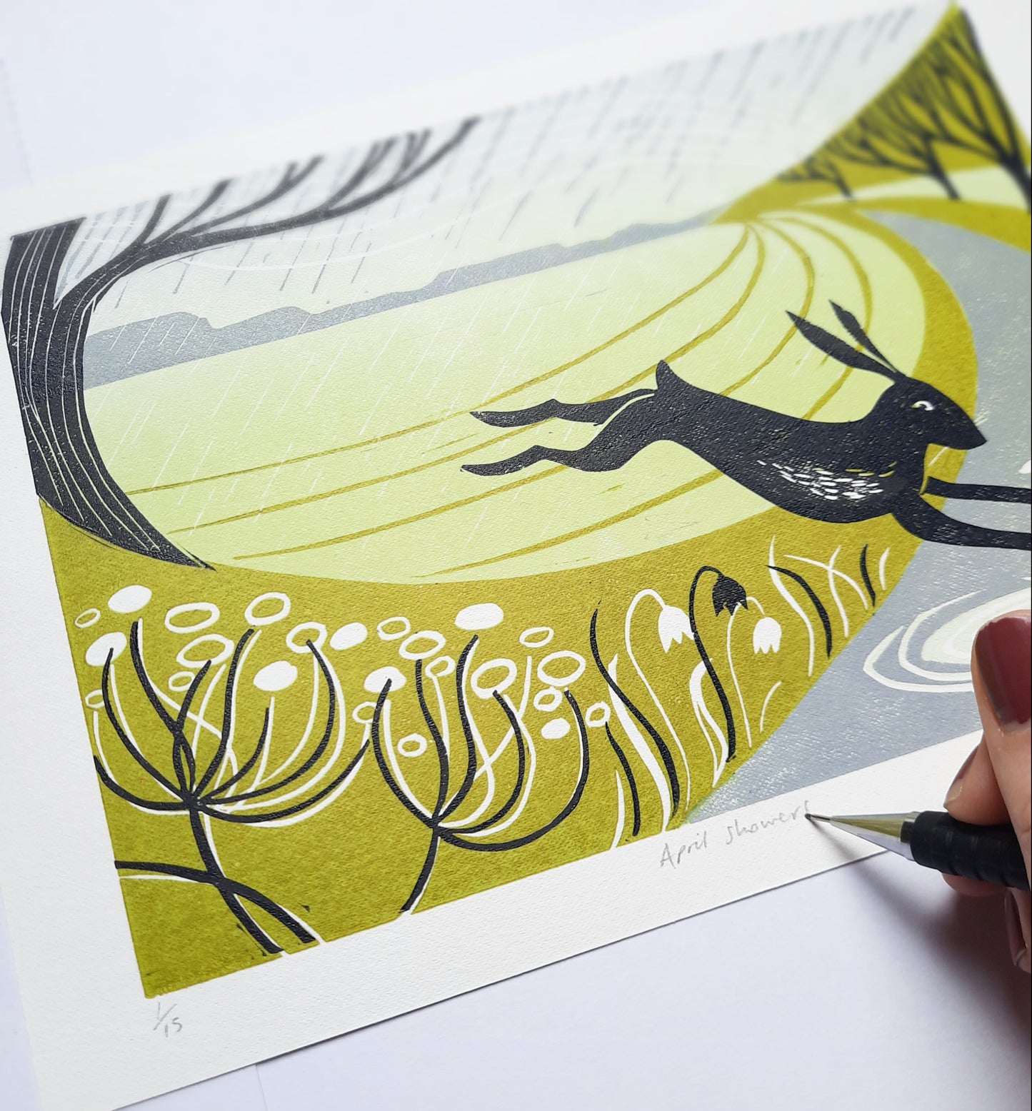 April Showers - Original Lino Print | Limited Edition | Landscape Linocut | Spring Hare