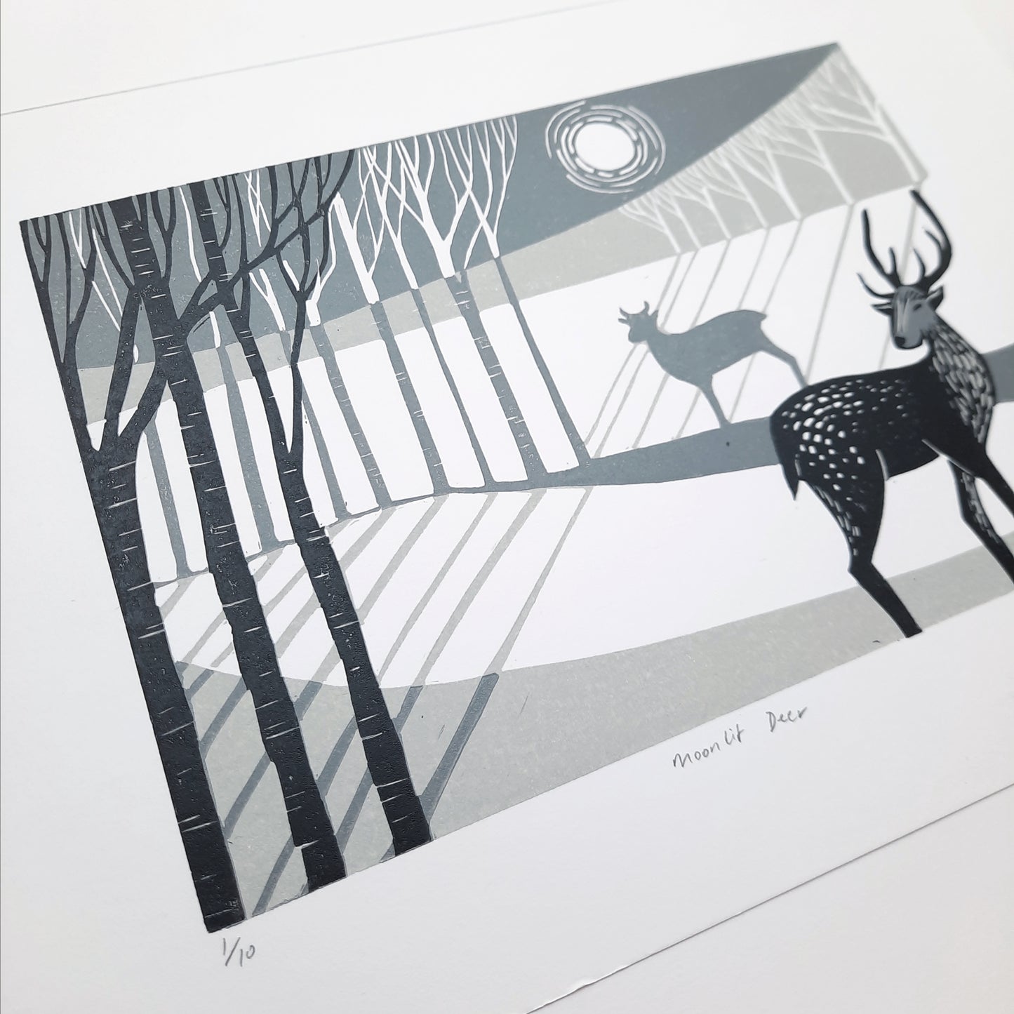 Moonlit Deer - Original Lino Print | Unframed | Lino Cut | Gift Idea