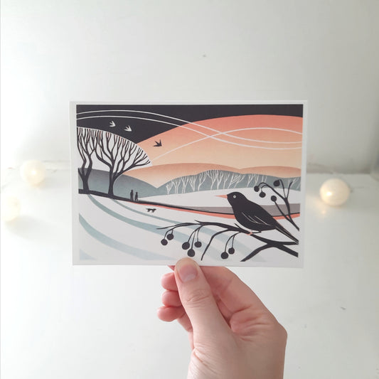 Midwinter's Eve Greetings Card | Blank Card | Blackbird Lino Print | Notecard