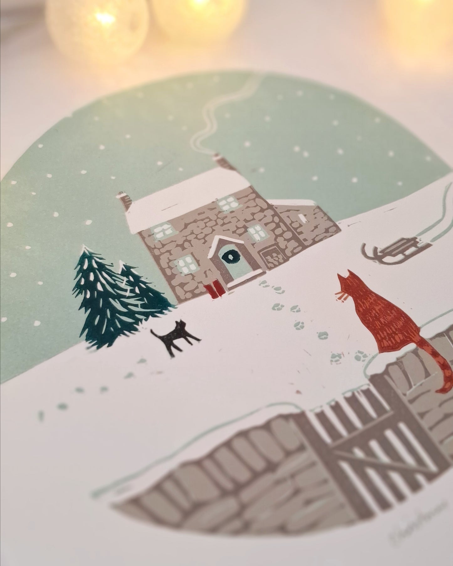 Christmas Cottage - Original Lino Print