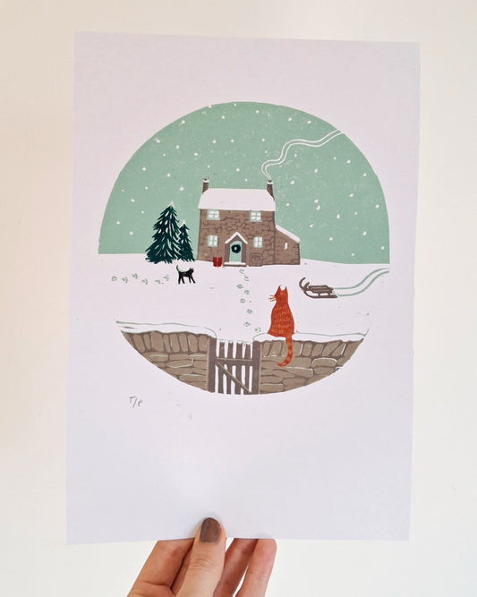 SECONDS Cottage Christmas Lino Print