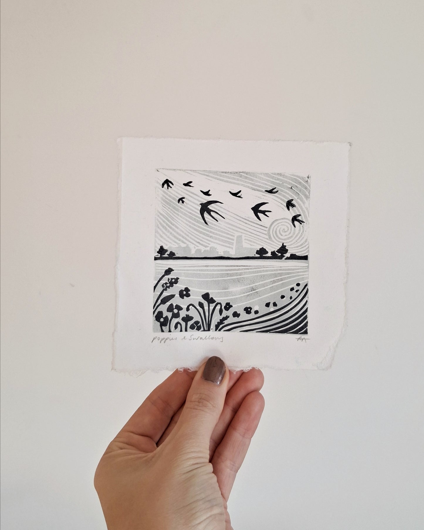 SECONDS Poppies & Swallows Lino Print