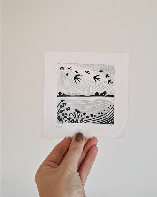 SECONDS Poppies & Swallows Lino Print