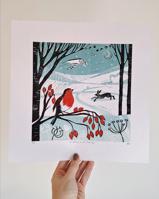 SECONDS Christmas in the Country Lino Print