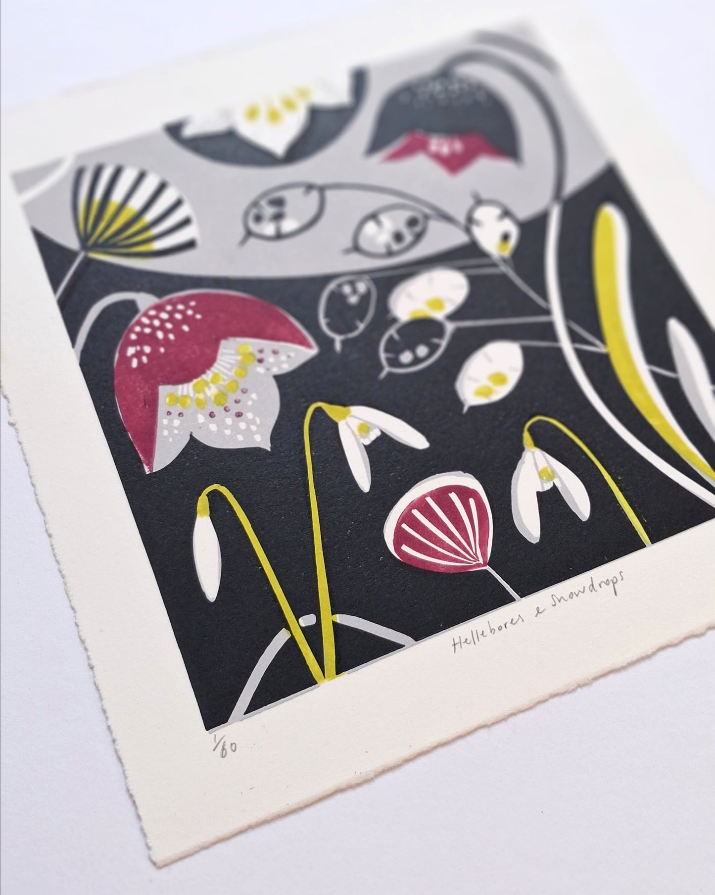 Hellebores & Snowdrops - Original Lino Print