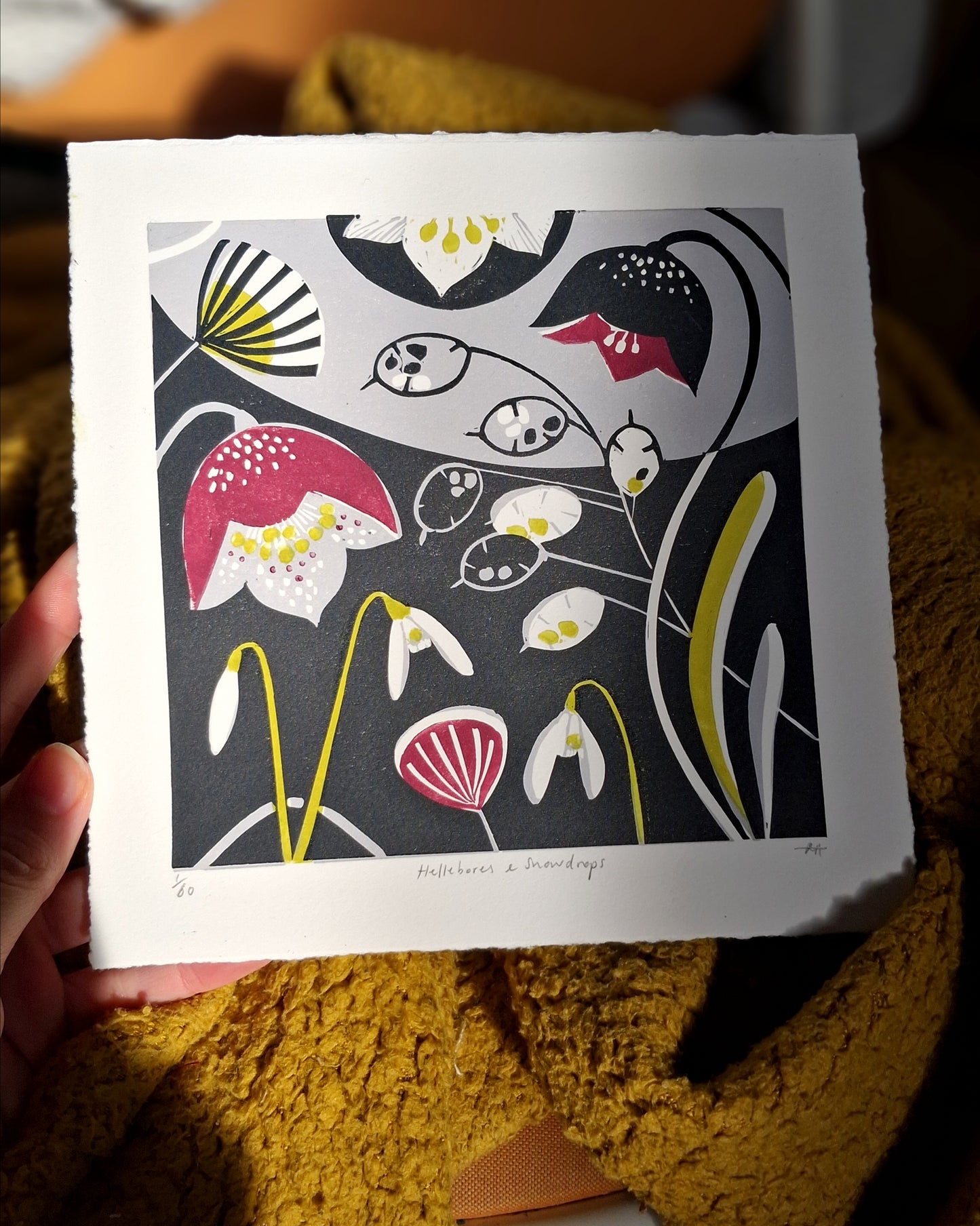 Hellebores & Snowdrops - Original Lino Print