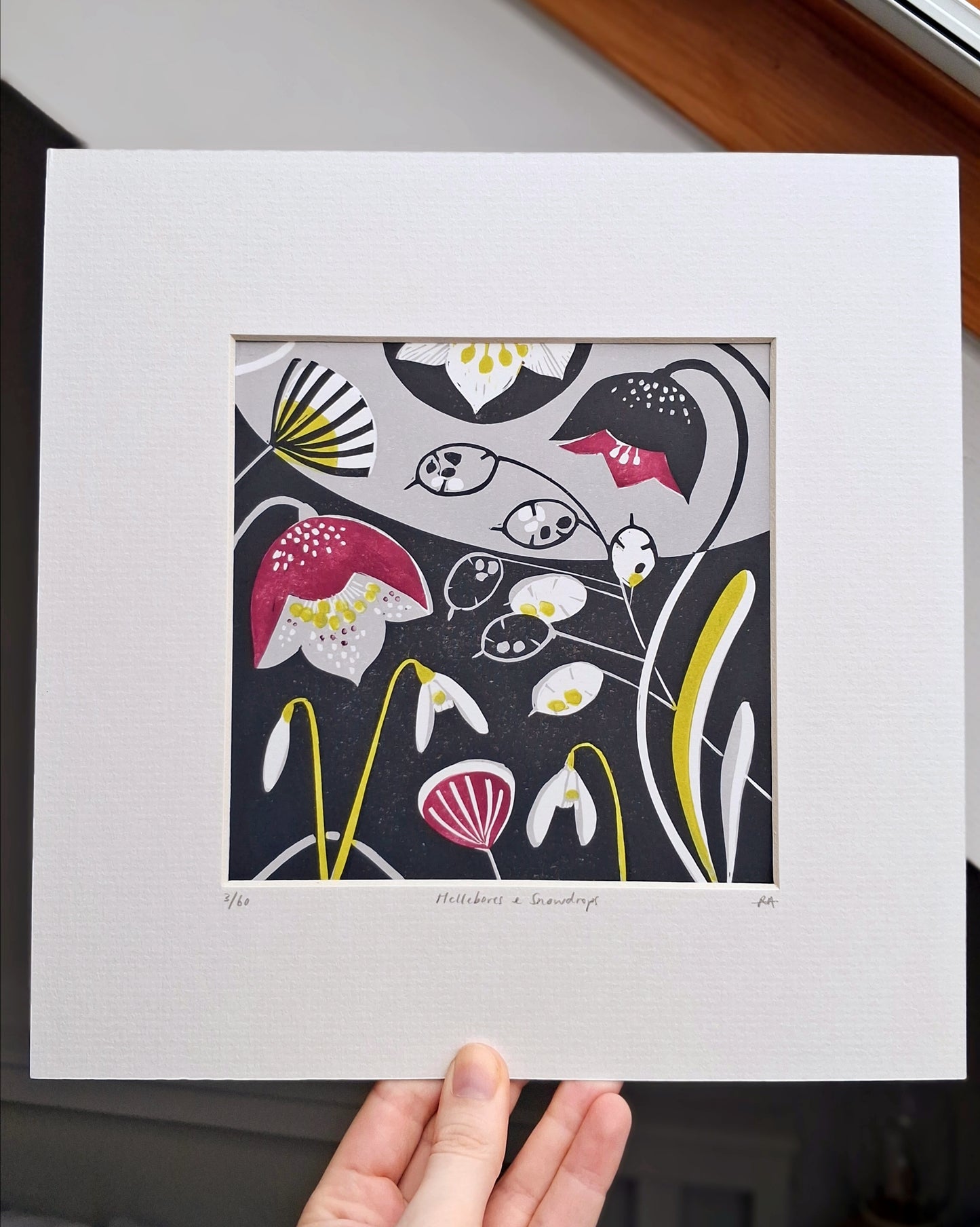 Hellebores & Snowdrops - Original Lino Print