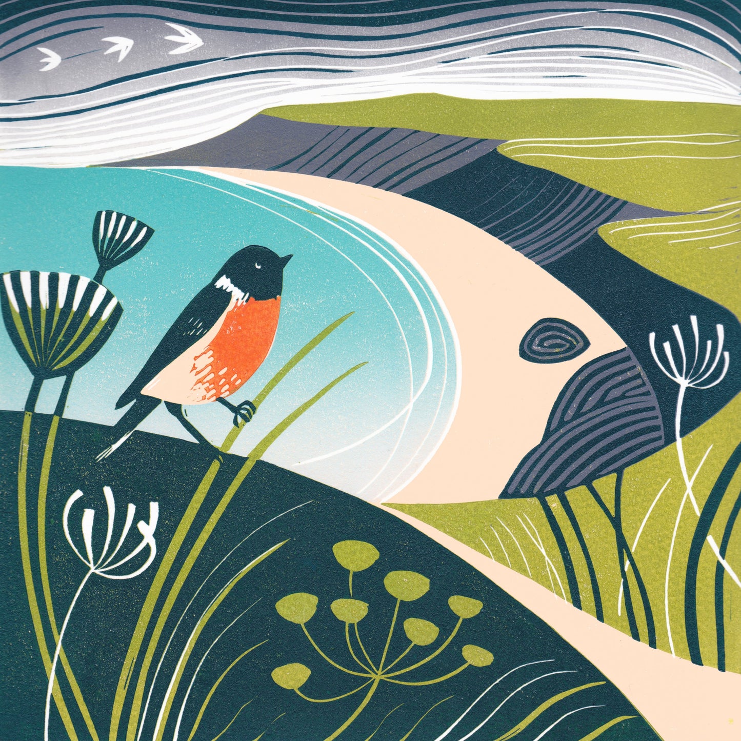 Stonechat, Lantic Bay - Original Lino Print