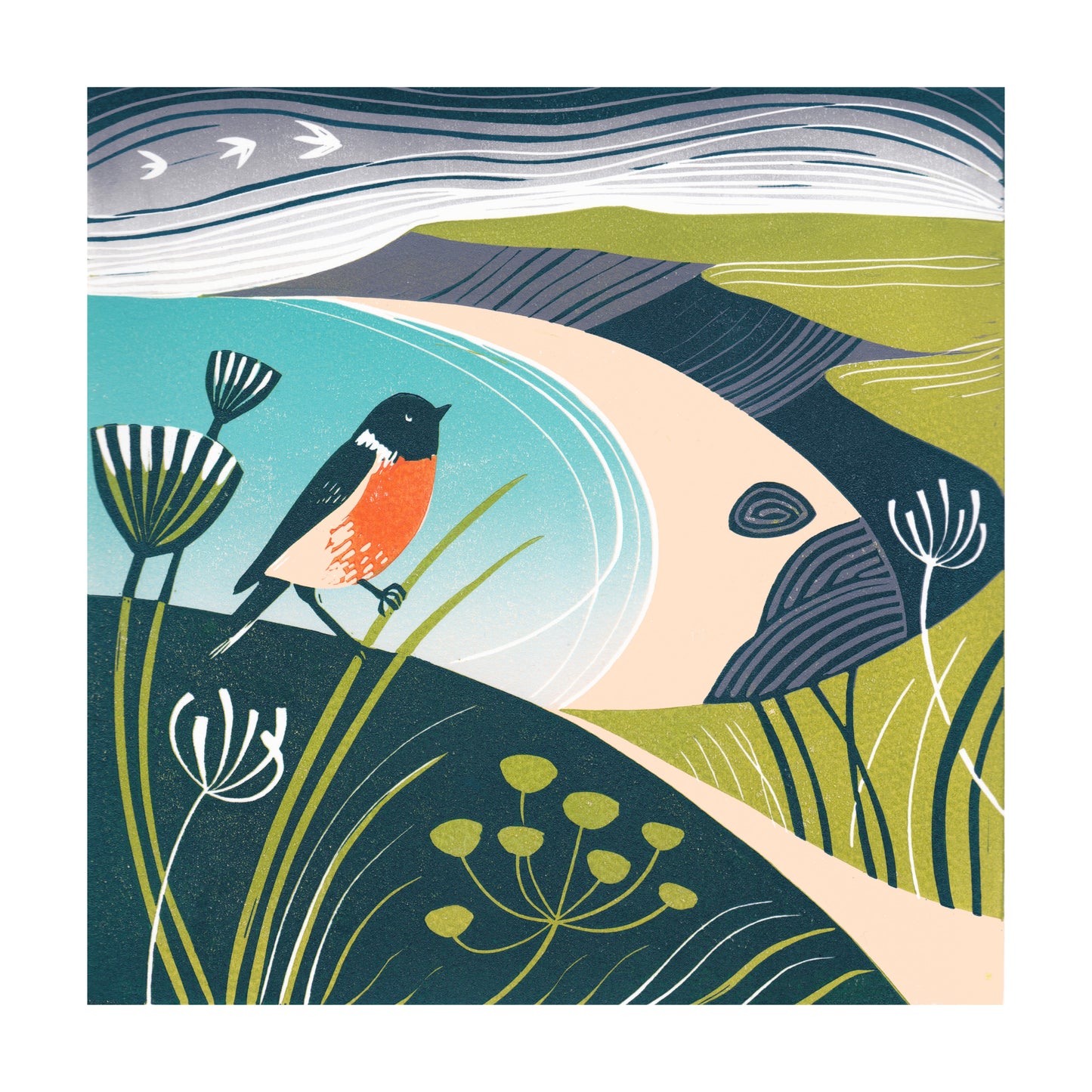 Stonechat, Lantic Bay - Original Lino Print