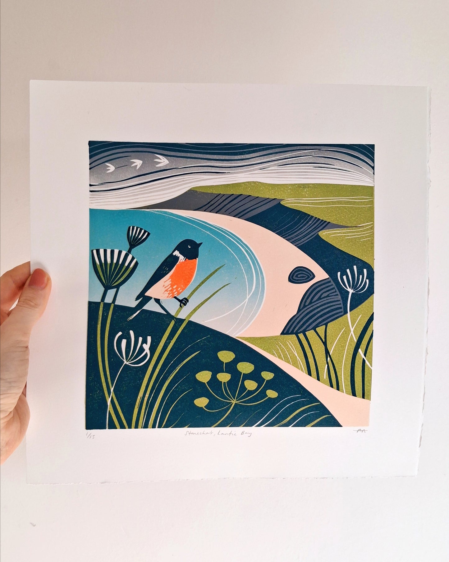 Stonechat, Lantic Bay - Original Lino Print