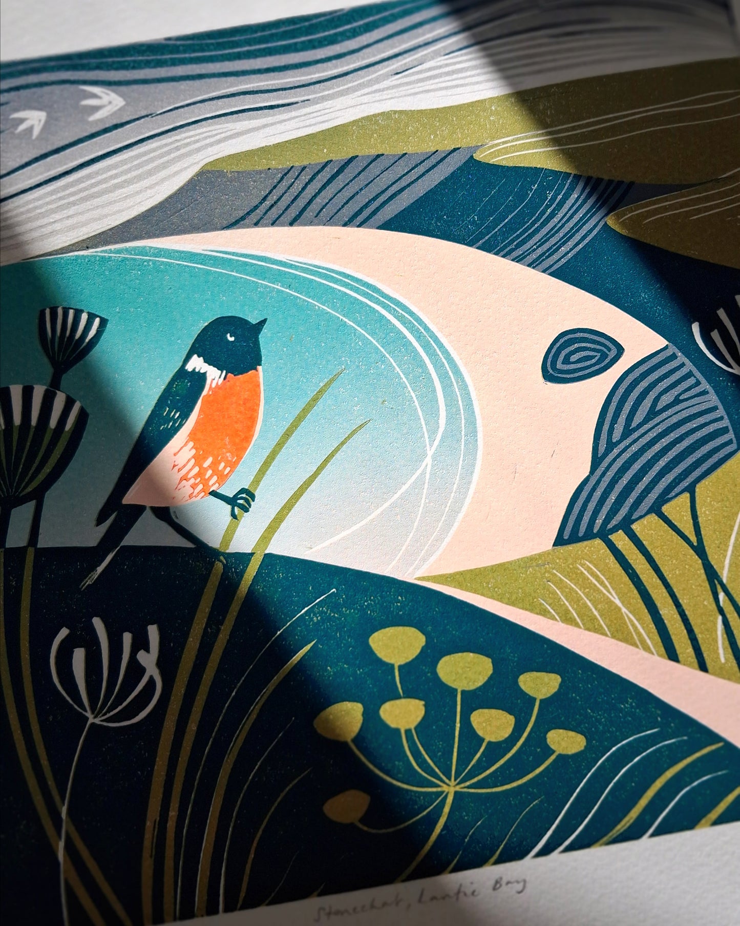 Stonechat, Lantic Bay - Original Lino Print