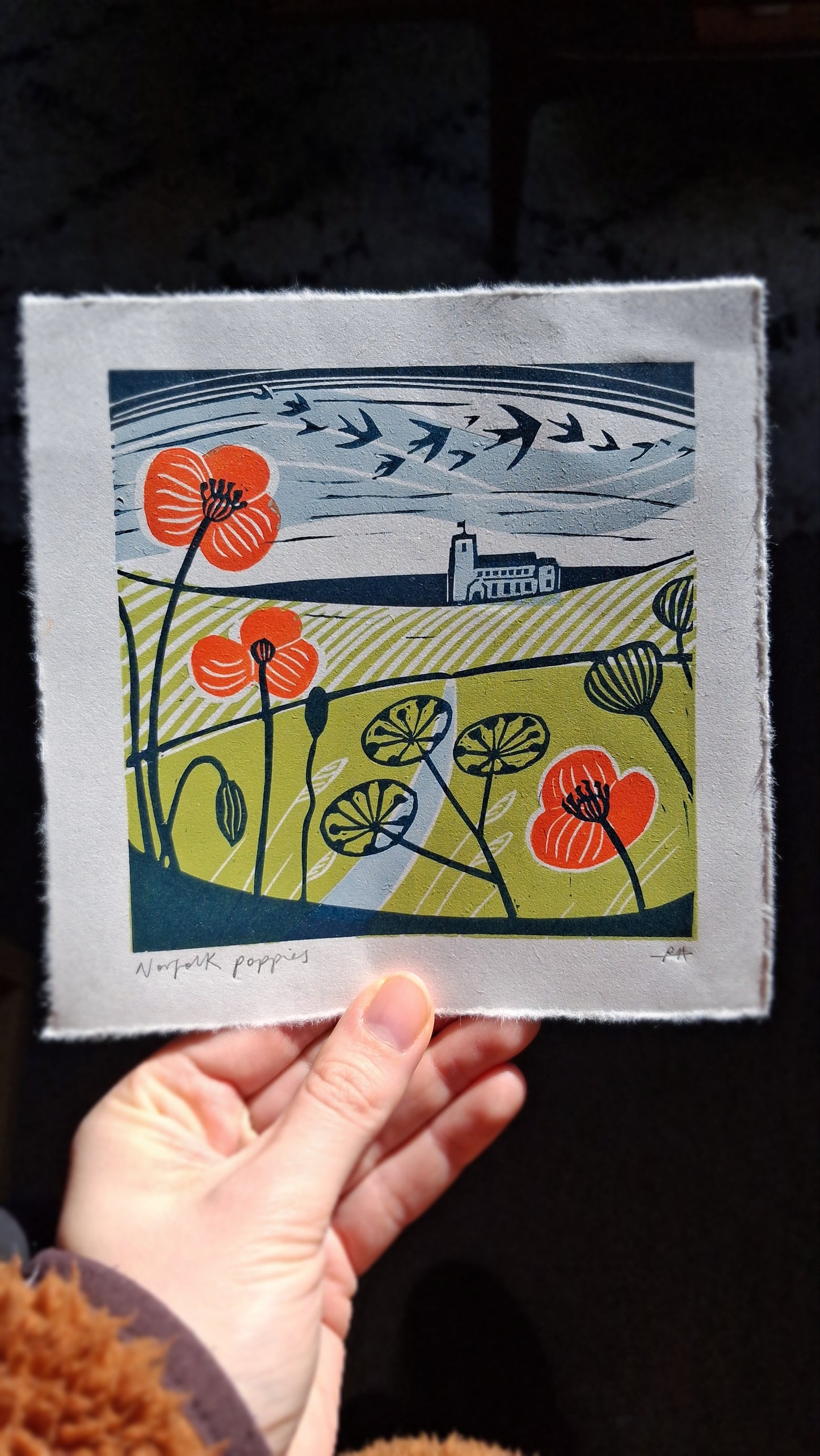 Norfolk Poppies - Original Lino Print