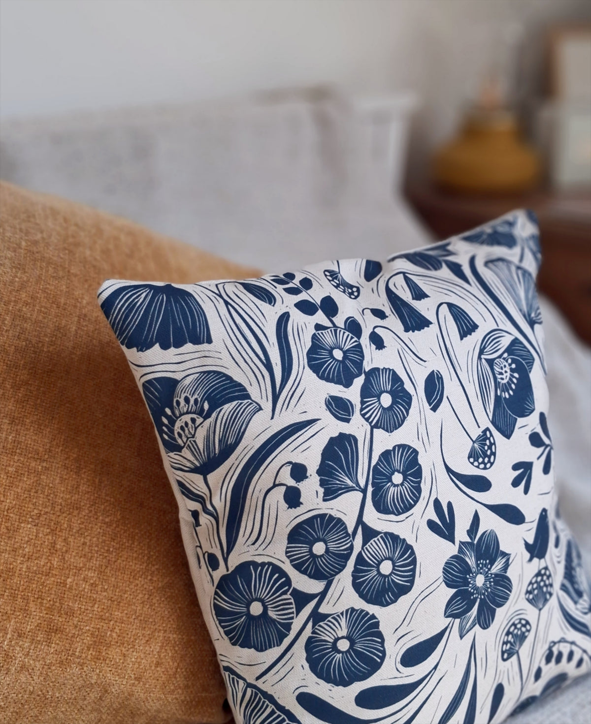 SECONDS - Blooms & Birds Blue Cushion Cover Sample