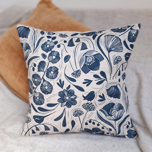 SECONDS - Blooms & Birds Blue Cushion Cover Sample