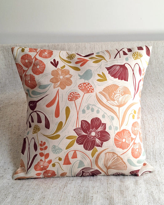 Blooms & Birds Cushion Cover - Natural Cotton Linen Blend