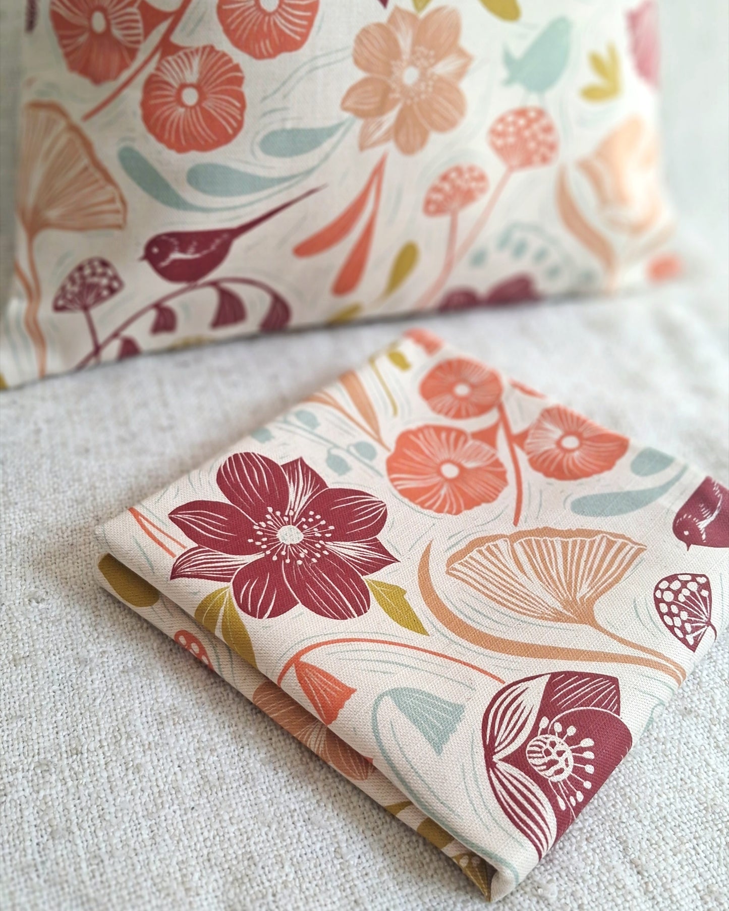 Blooms & Birds Cushion Cover - Natural Cotton Linen Blend