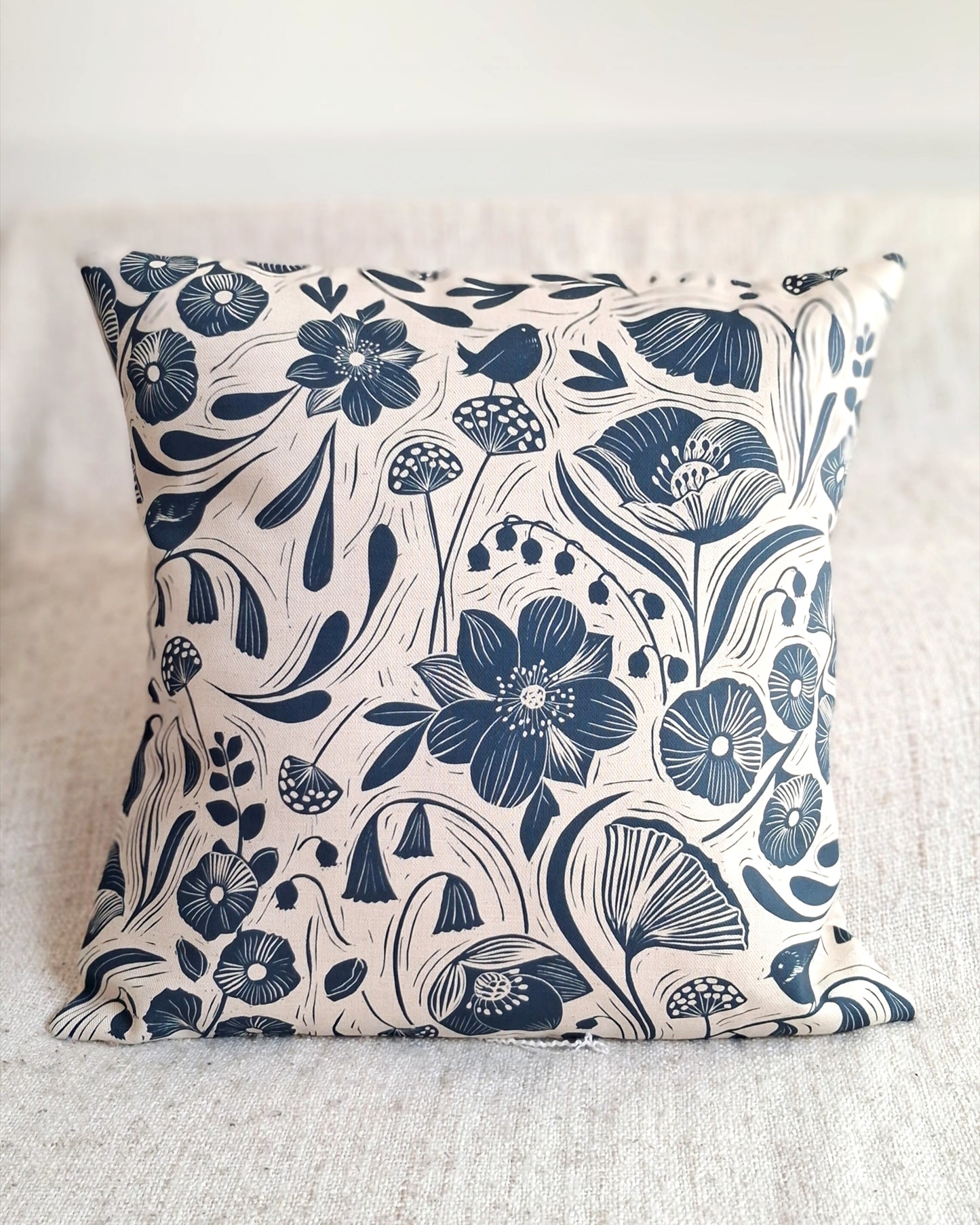 Blooms & Birds Blue Cushion Cover - Natural Cotton Linen Blend