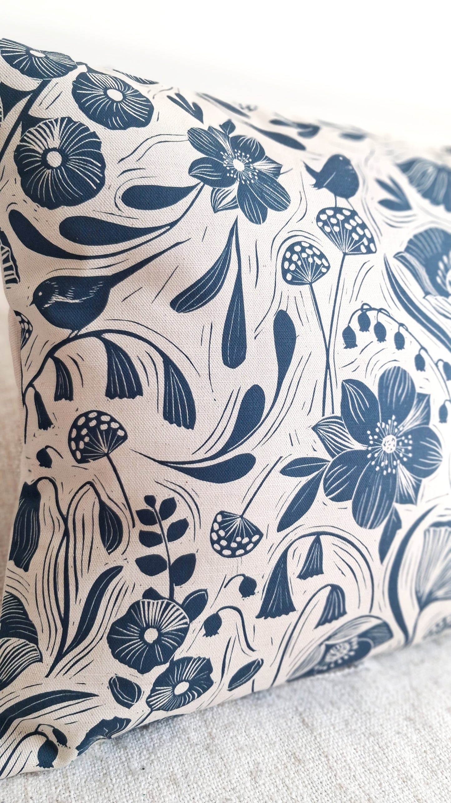 Blooms & Birds Blue Cushion Cover - Natural Cotton Linen Blend