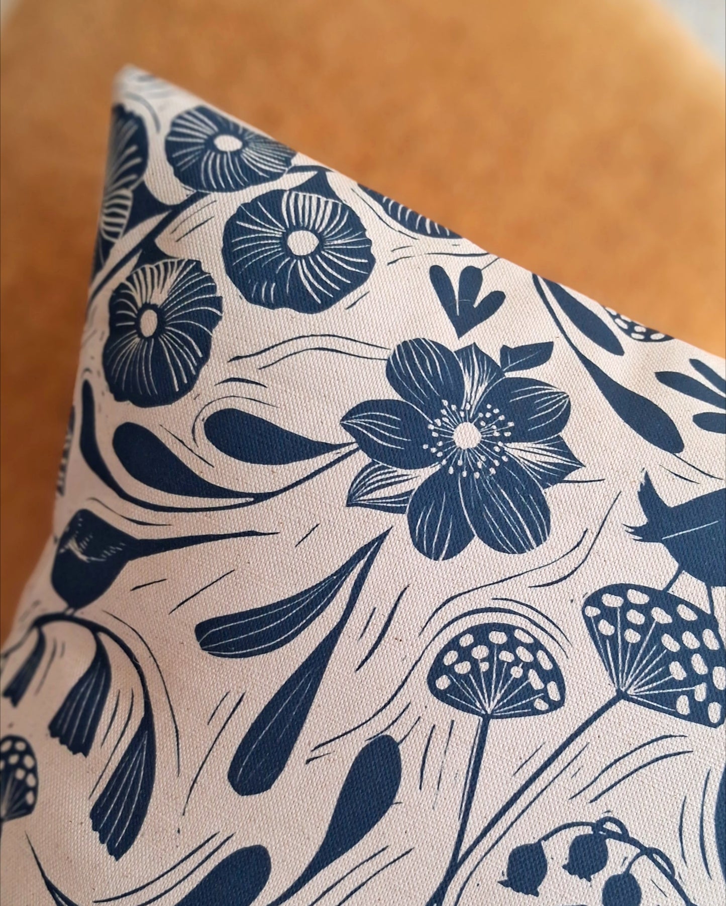 Blooms & Birds Blue Cushion Cover - Natural Cotton Linen Blend