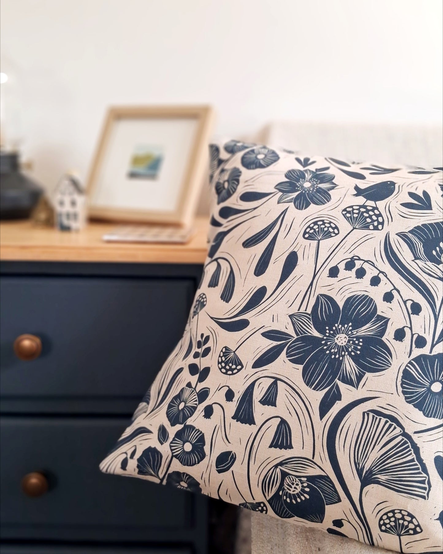 Blooms & Birds Blue Cushion Cover - Natural Cotton Linen Blend