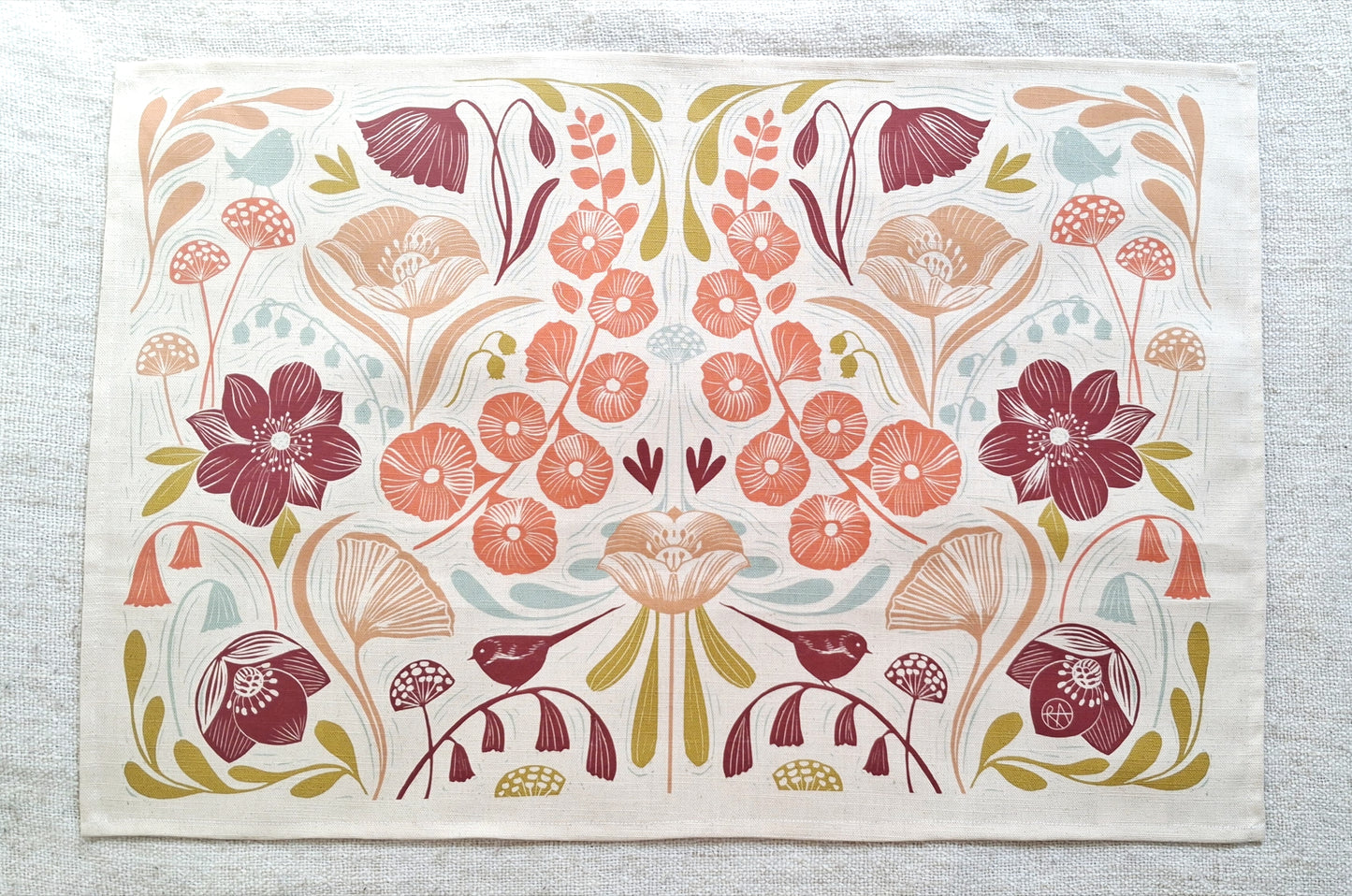 Blooms & Birds Tea Towel - Natural Cotton Linen Blend