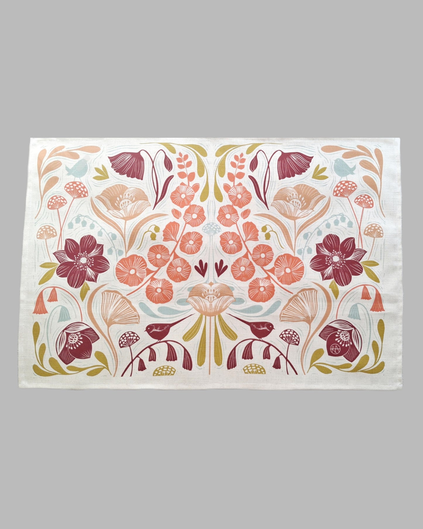 Blooms & Birds Tea Towel - Natural Cotton Linen Blend
