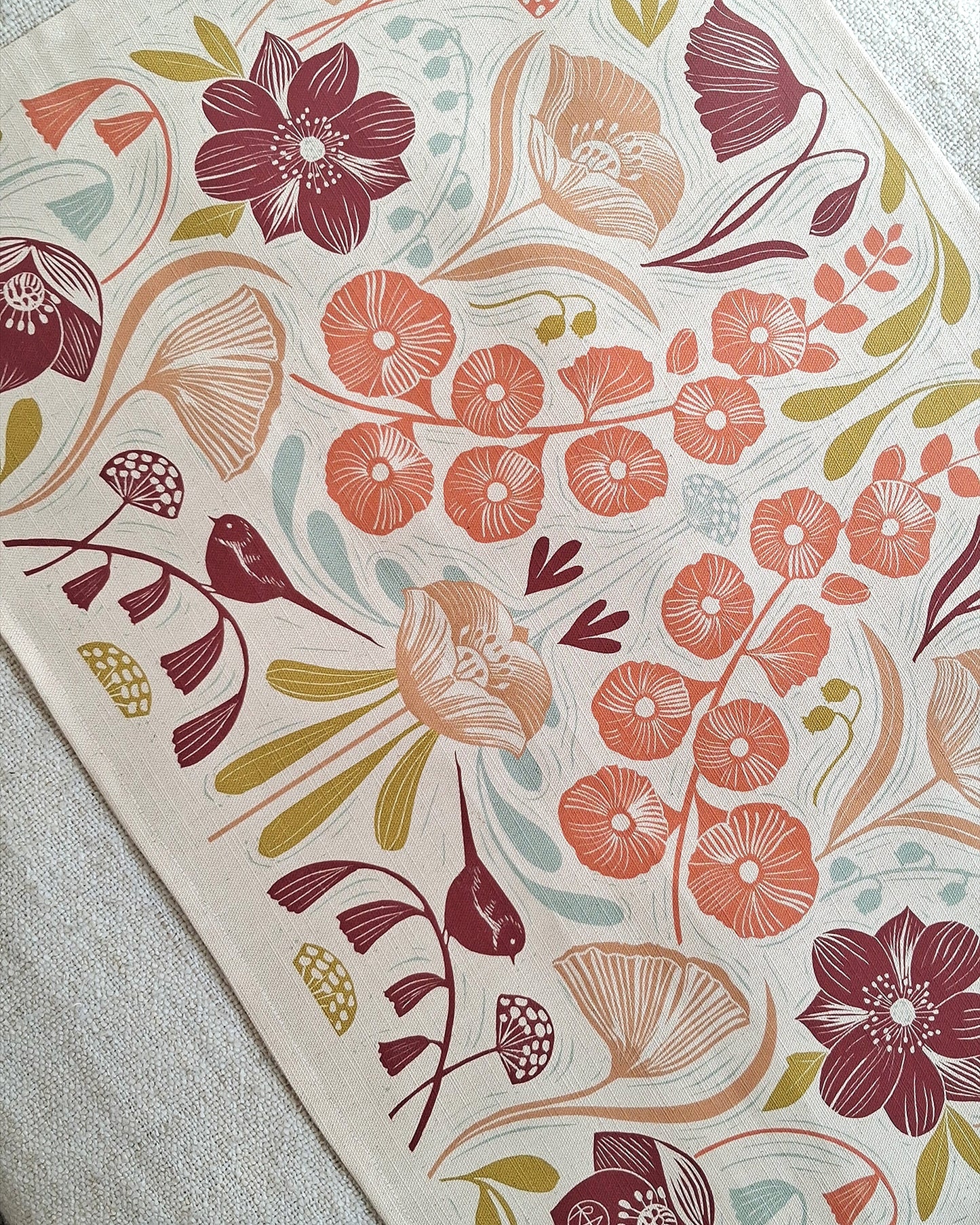 Blooms & Birds Tea Towel - Natural Cotton Linen Blend