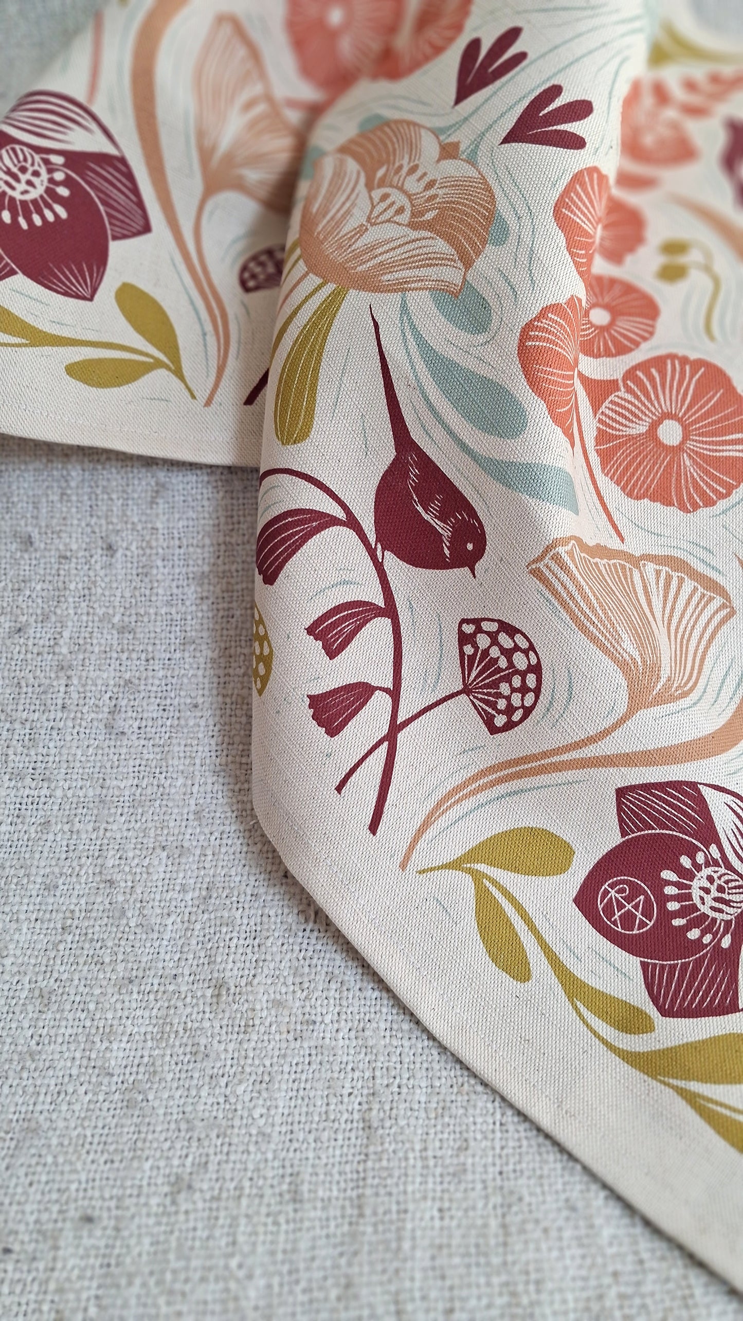 Blooms & Birds Tea Towel - Natural Cotton Linen Blend