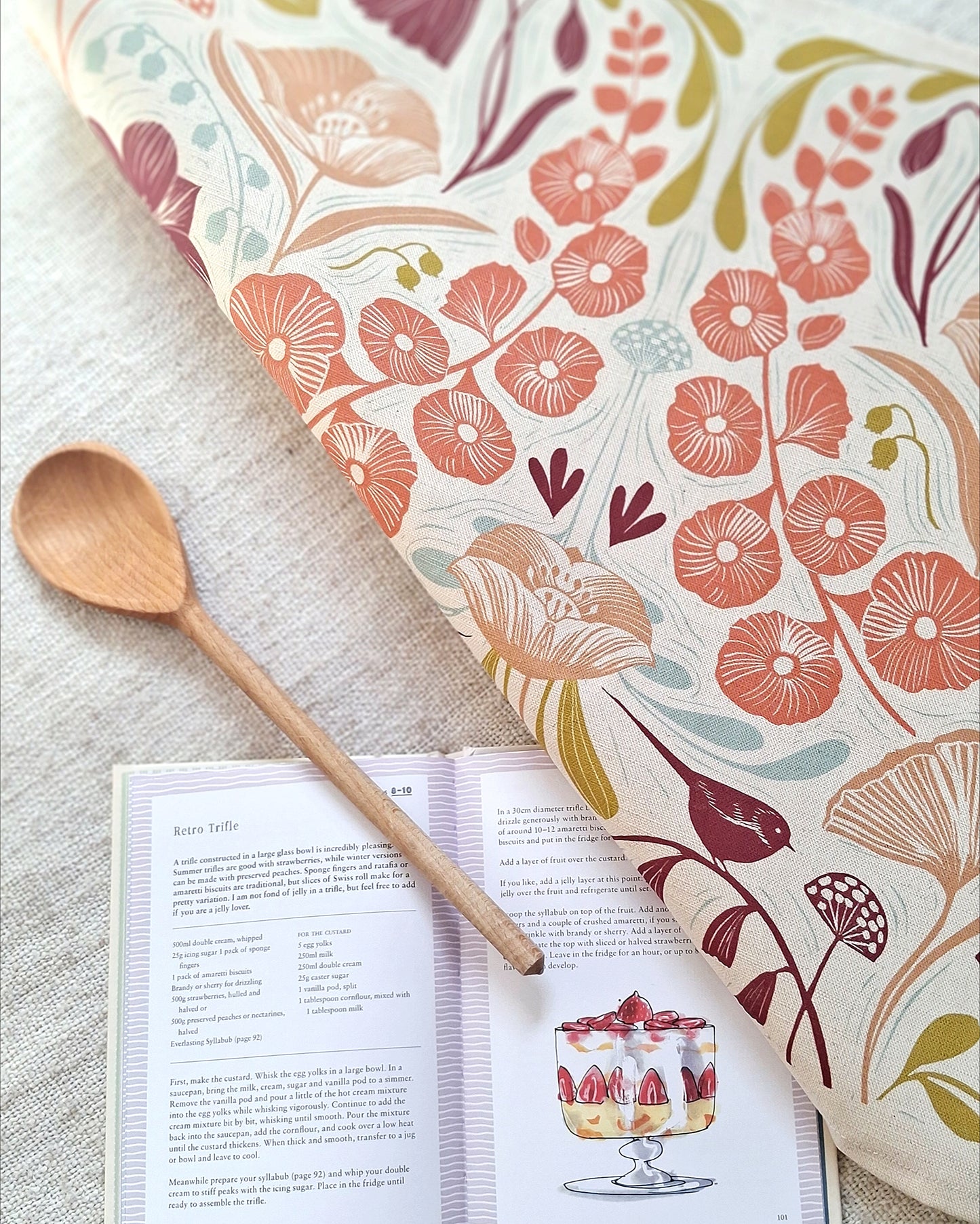 Blooms & Birds Tea Towel - Natural Cotton Linen Blend